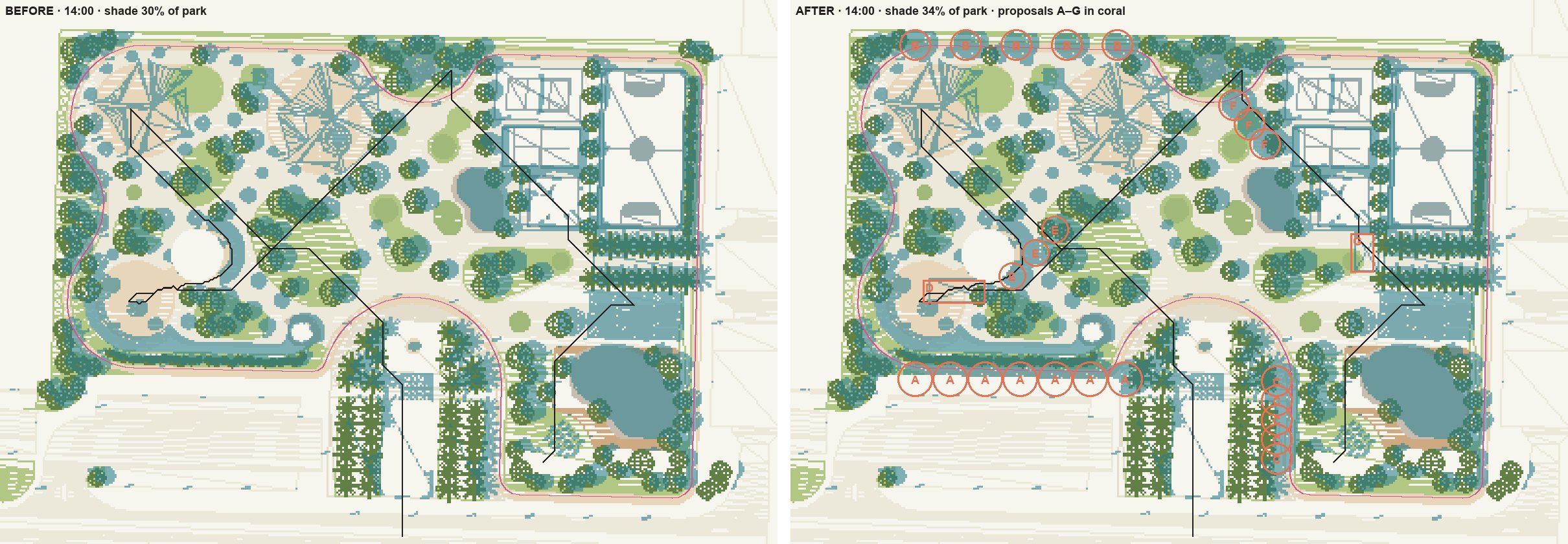 Plan at 14:00, before and after seven planting and canopy proposals A to G drawn in coral