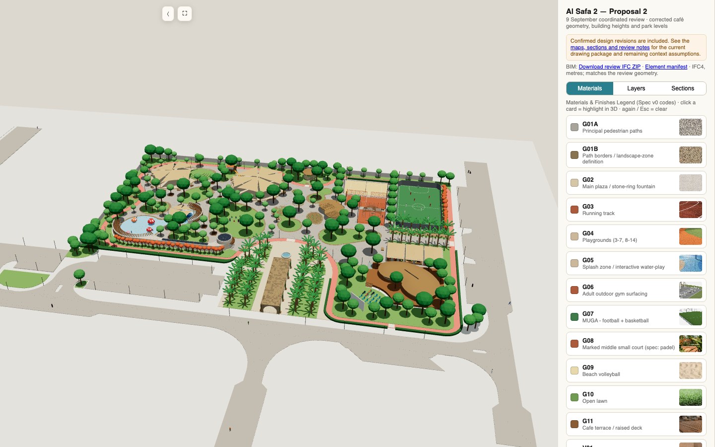 The 3D viewer: aerial view of the design with the materials toolbar open