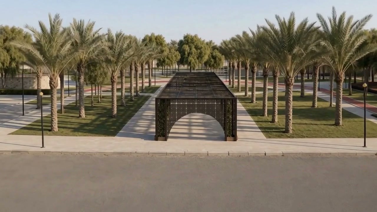 Opening frame of the film: the palm avenue and the arcade at the entrance
